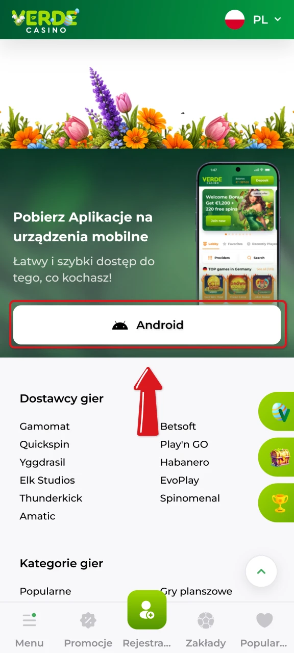 Kliknij w link i pobierz plik instalacyjny aplikacji mobilnej Verde Casino na Android.