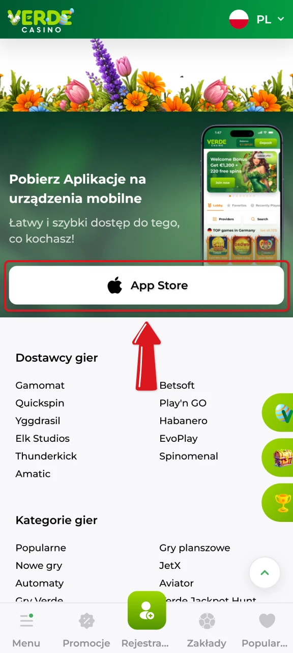 Kliknij w link pobierania dla systemu iOS w Verde Casino.