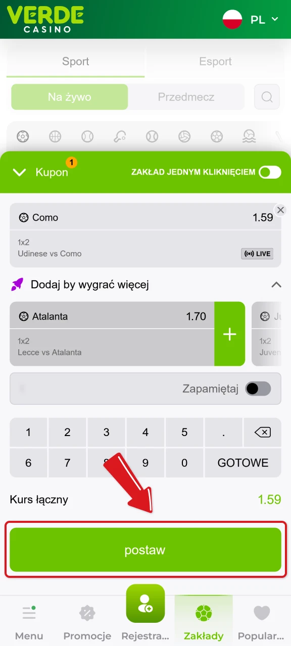 Zatwierdź swój kupon w aplikacji Verde Casino, aby sfinalizować zakłady sportowe.