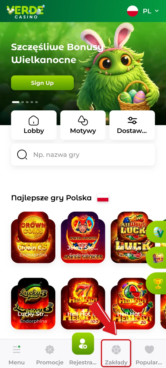 Wybierz preferowaną dyscyplinę w aplikacji Verde Casino, aby postawić zakłady sportowe.