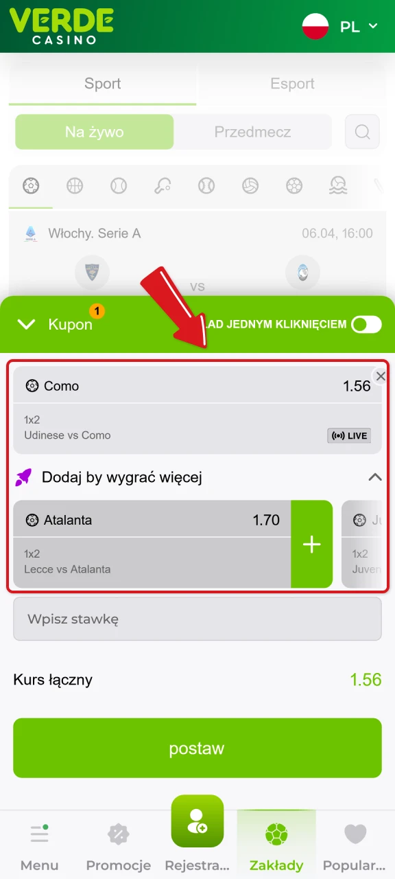 Określ typ zakładu oraz stawkę w aplikacji Verde Casino i zacznij obstawiać.