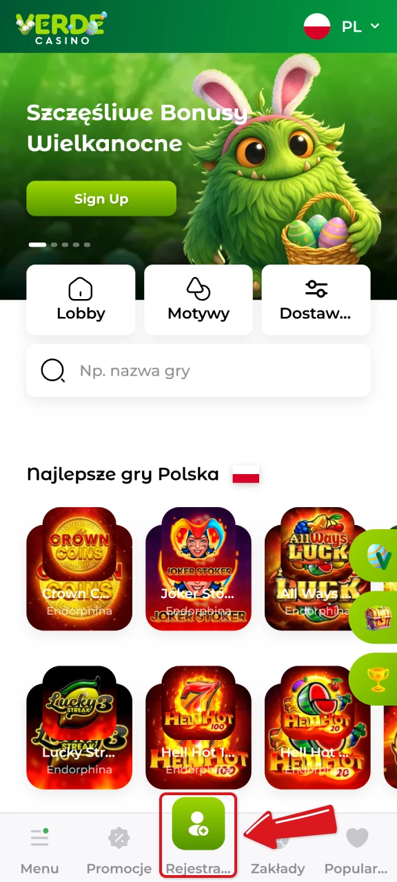 Otwórz pobraną aplikację Verde Casino i rozpocznij proces tworzenia konta Rejestracja.
