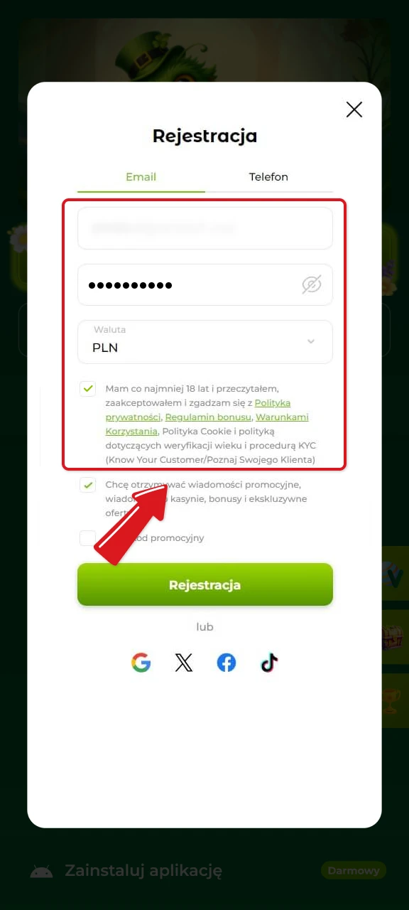 Podaj swoje dane oraz wybierz walutę PLN podczas procesu Rejestracja w Verde Casino.