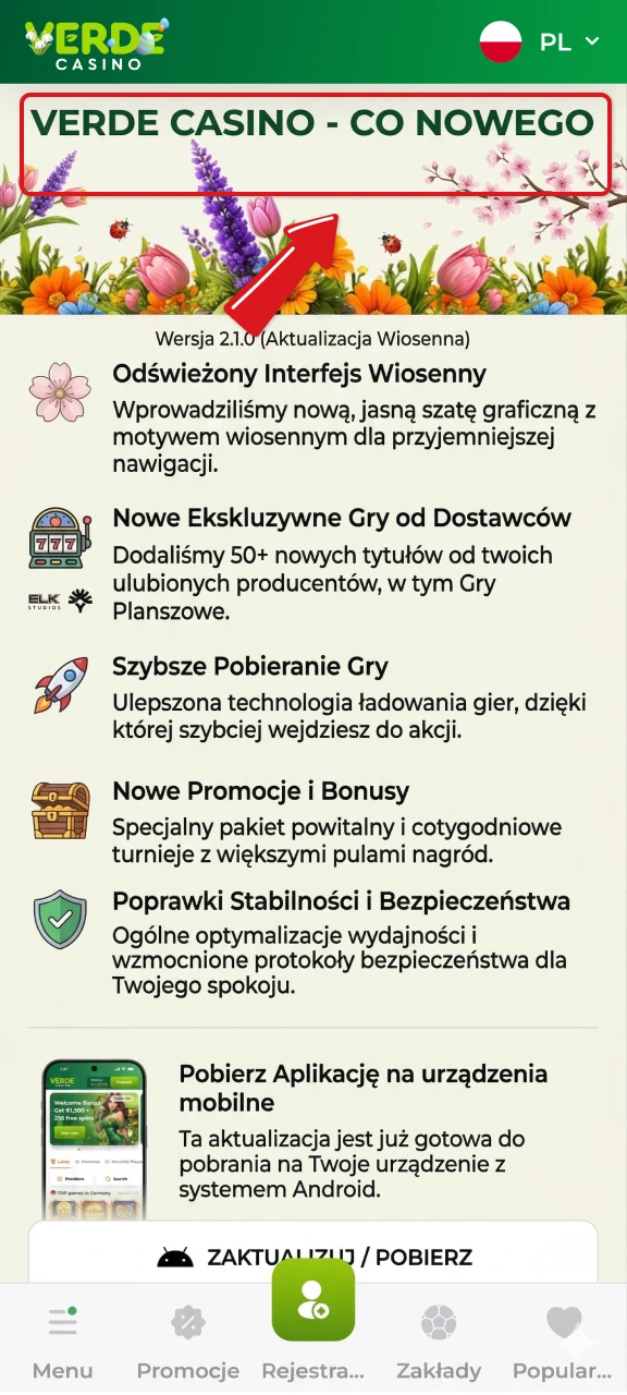 Odkryj nowości w aplikacji Verde Casino po pomyślnym zakończeniu aktualizacji.