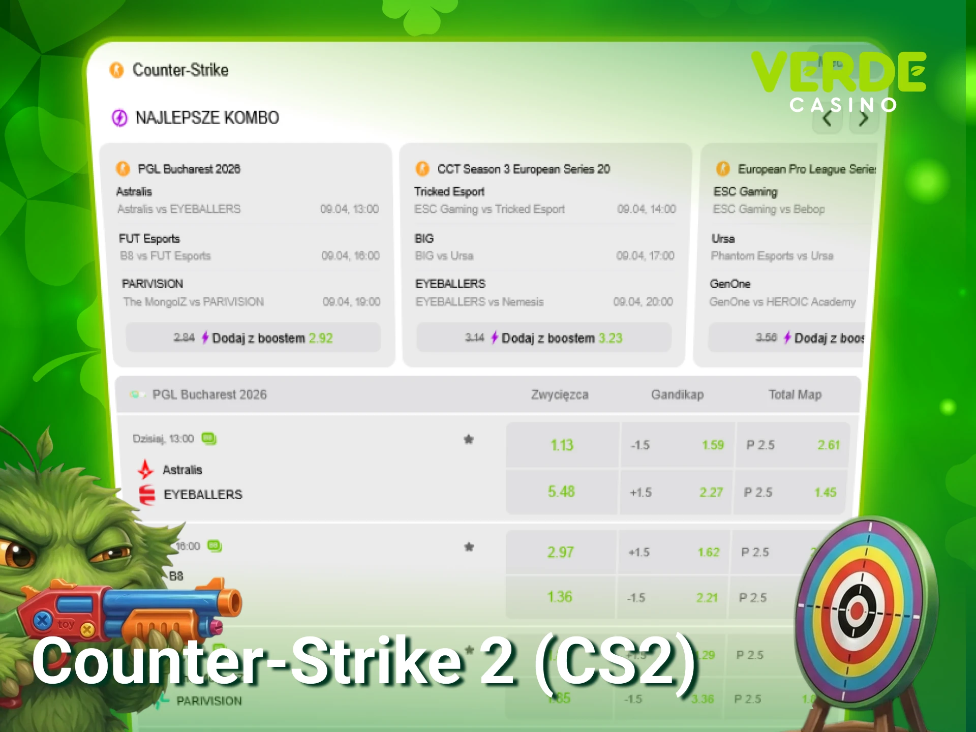 Obstawiaj dynamiczne mecze Counter-Strike 2 (CS2) w ramach Verde Casino eSports.