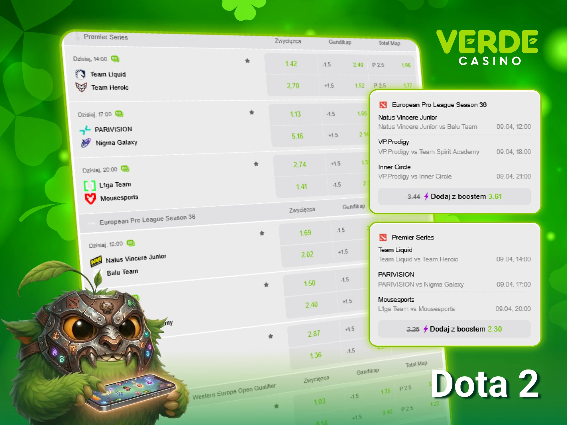 Śledź najważniejsze turnieje Dota 2 i stawiaj zakłady na eSports w Verde Casino.
