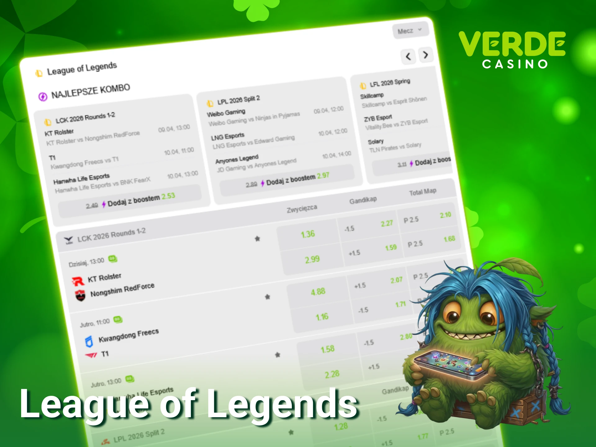Wytypuj zwycięzcę potyczki League of Legends korzystając z oferty Verde Casino eSports.