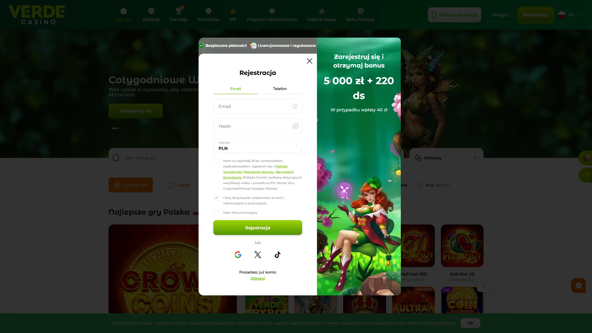 Przejdź szybką rejestracjia w Verde Casino i załóż swoje konto gracza.