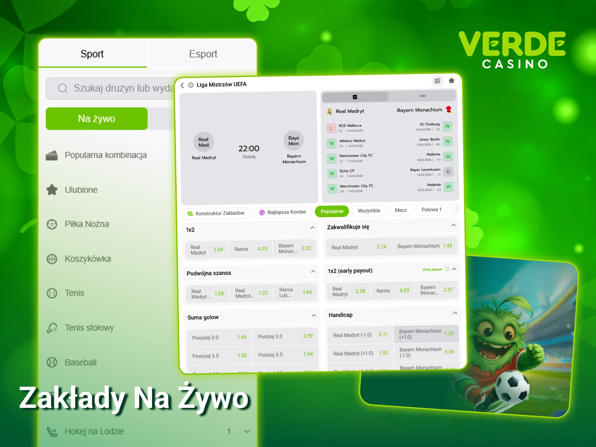 Obstawiaj zakłady na żywo w Verde Casino i śledź emocje w czasie rzeczywistym.