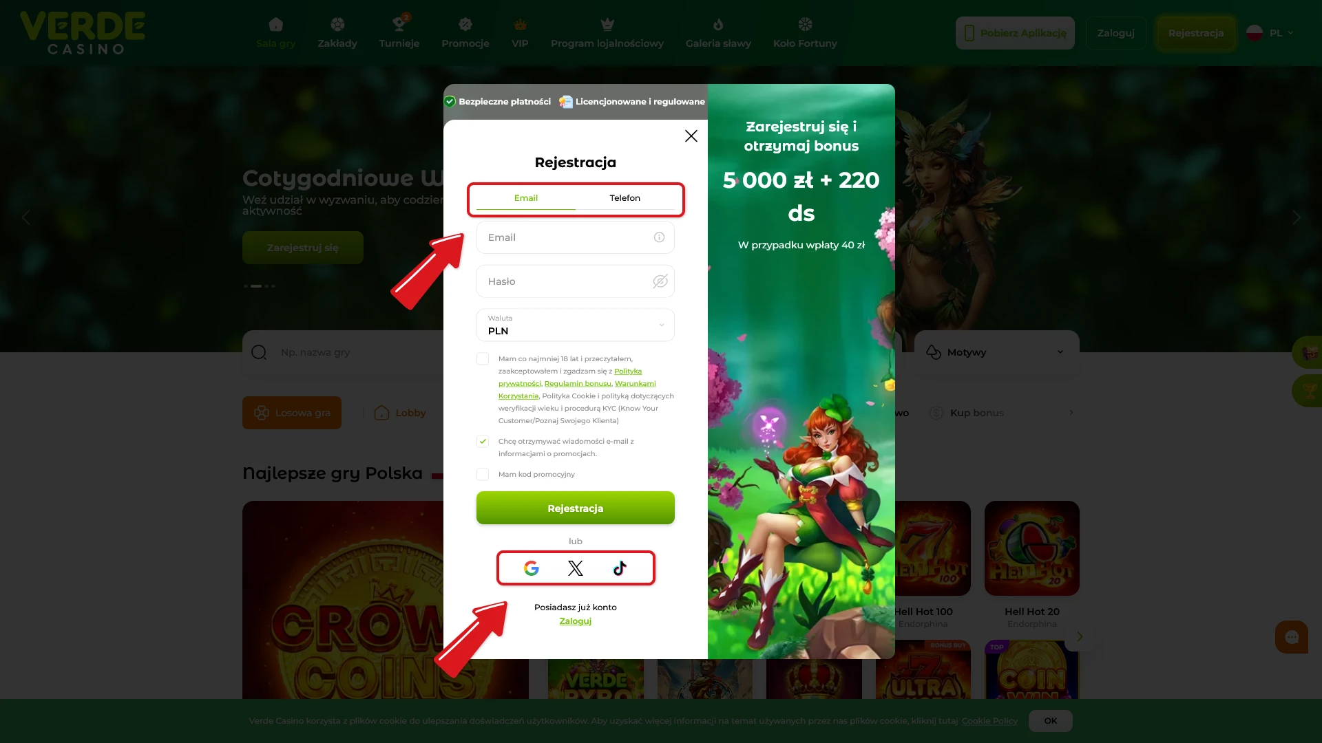Wybierz najwygodniejszą metodę Instrukcja Rejestracji i dołącz do Verde Casino już teraz.