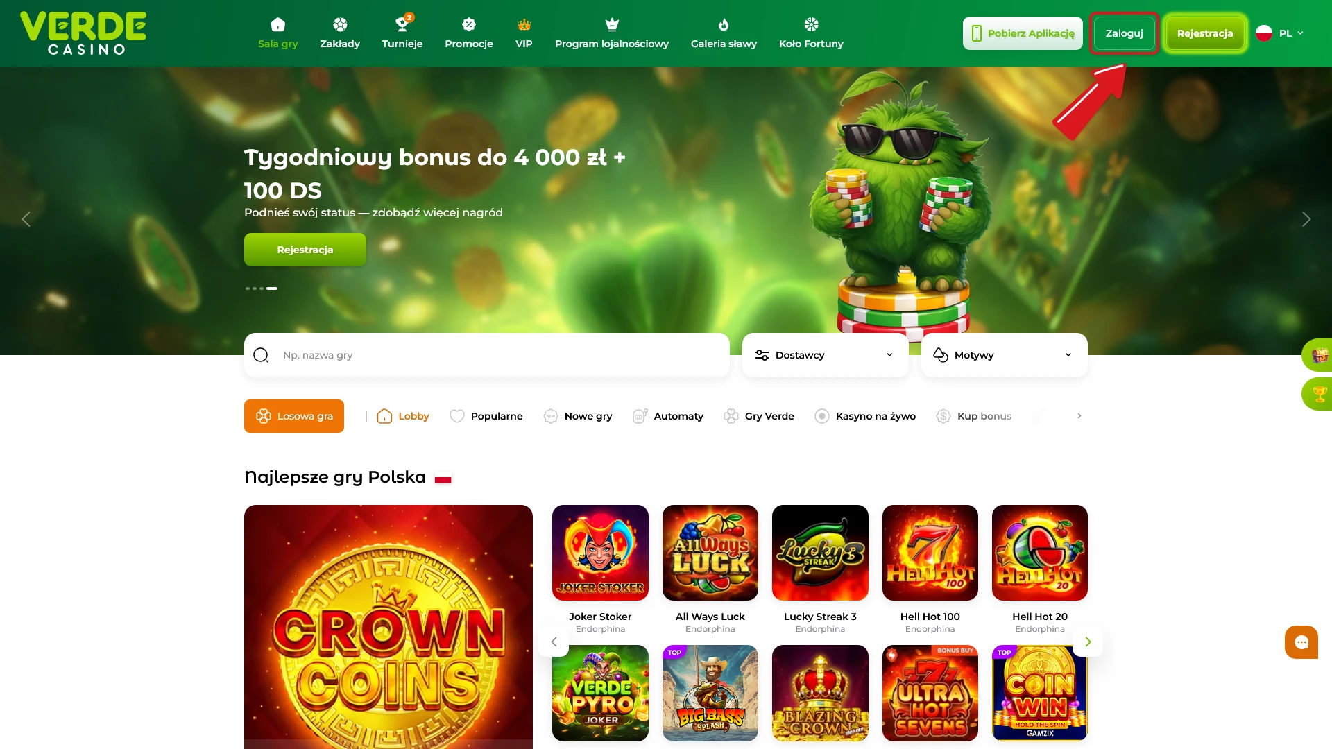 Kliknij przycisk logowania w Verde Casino aby uzyskać dostęp do panelu gracza.