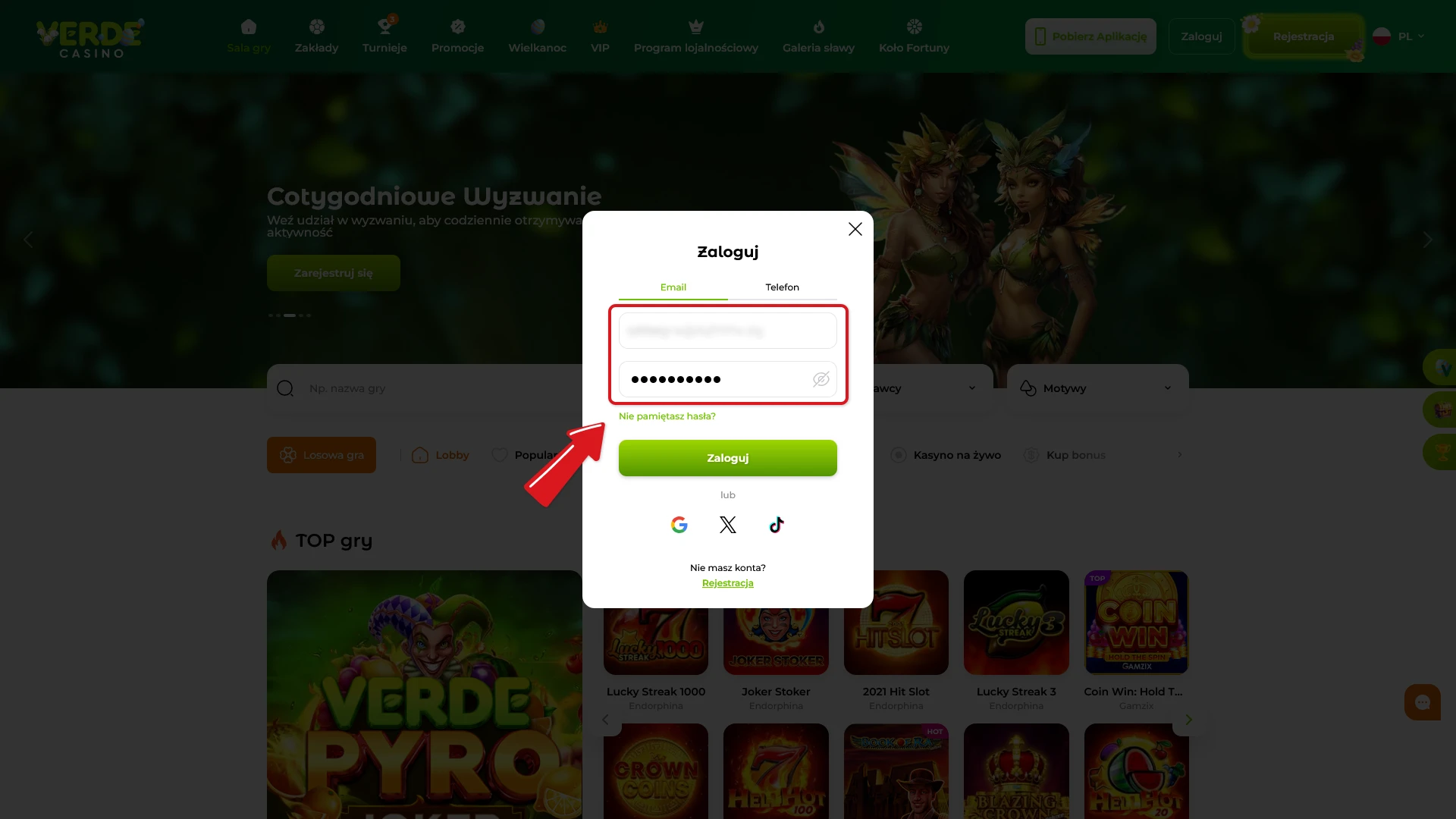 Wprowadź dane uwierzytelniające do Verde Casino i wykonaj proces logowania do konta.