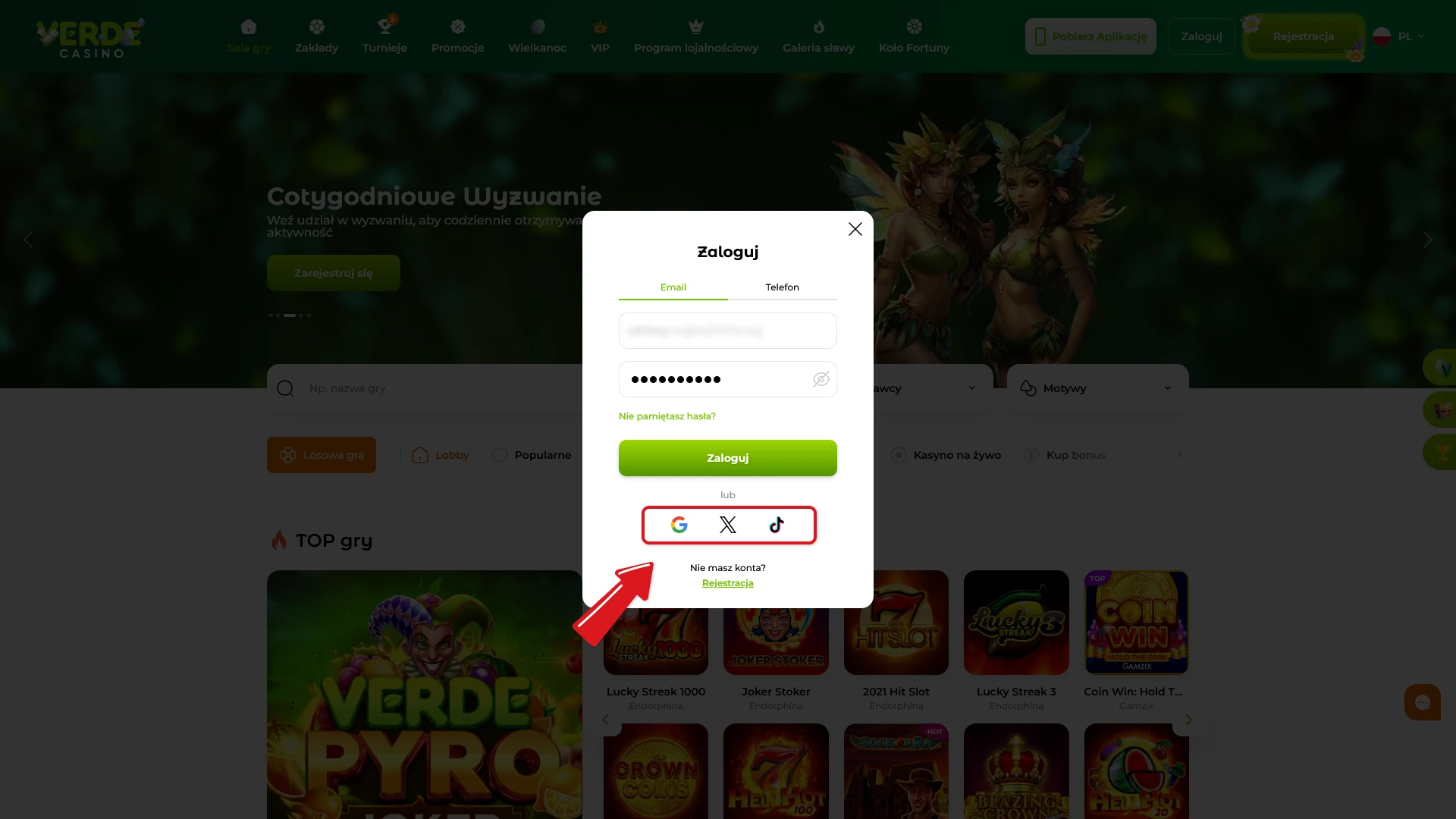 Zaloguj się przez media społecznościowe w Verde Casino i rozpocznij bezpieczną sesję.
