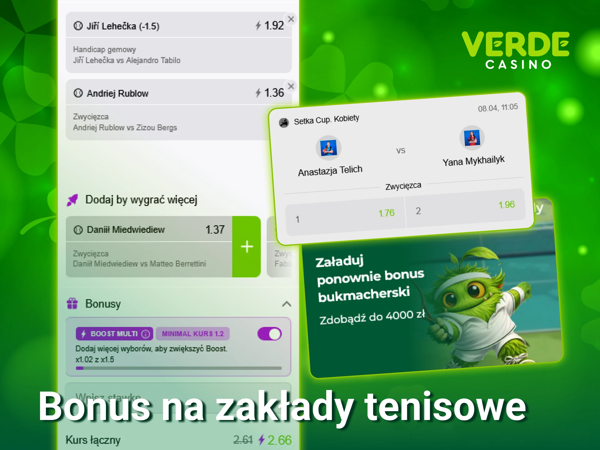 Odbierz powitalny bonus na tenisowe zakłady bukmacherskie w Verde Casino i zacznij wygrywać.