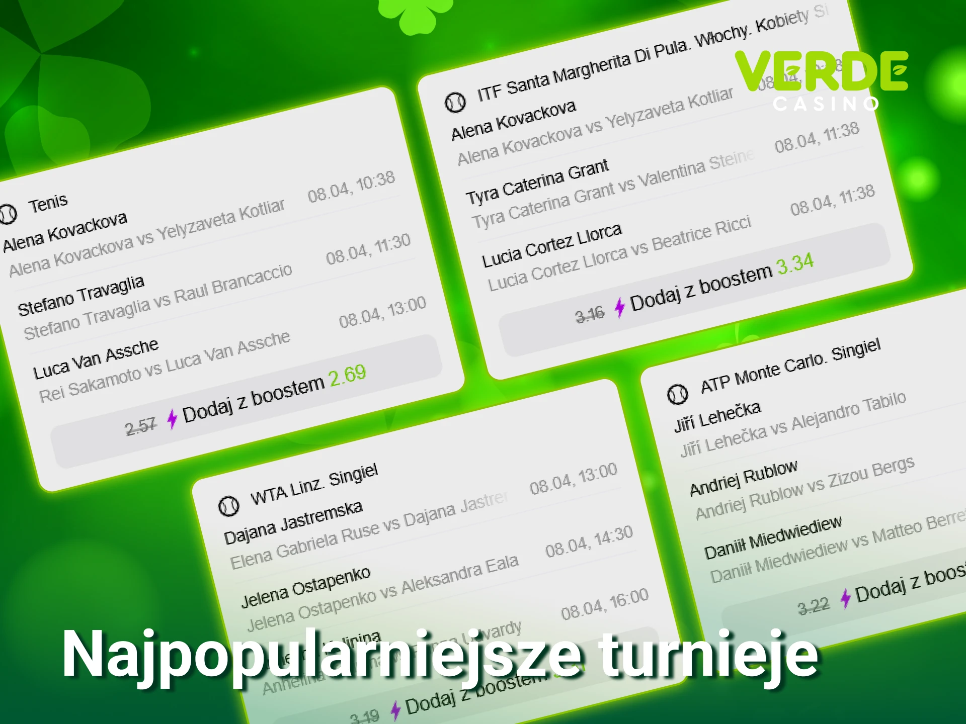 Wybierz najpopularniejsze turnieje tenisowe i postaw swój pierwszy zakład w Verde Casino Official.